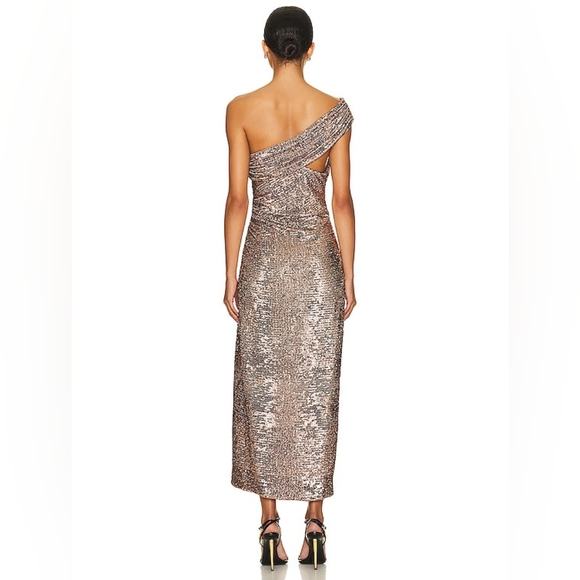 6. NWT JONATHAN SIMKHAI ZAY HAMMERED SEQUIN DRAPED BUSTIER MIDI DRESS - Picture 3 of 7